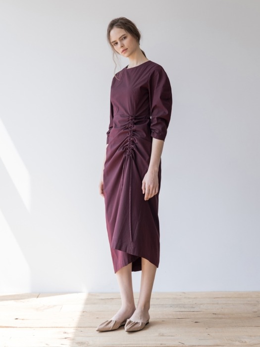 Shirring Detailed Dress_Burgundy