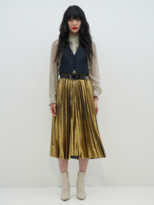 High-Rise Glitter Pleated Midi Skirt(Gold)_UWS-FS07 