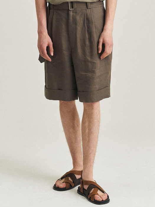 Rouen Linen Crepe Belted Halfpants (Set-up) - Brown