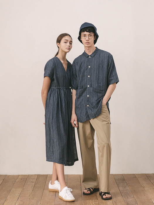 Pocket Wide Shirts / Linen Stripe