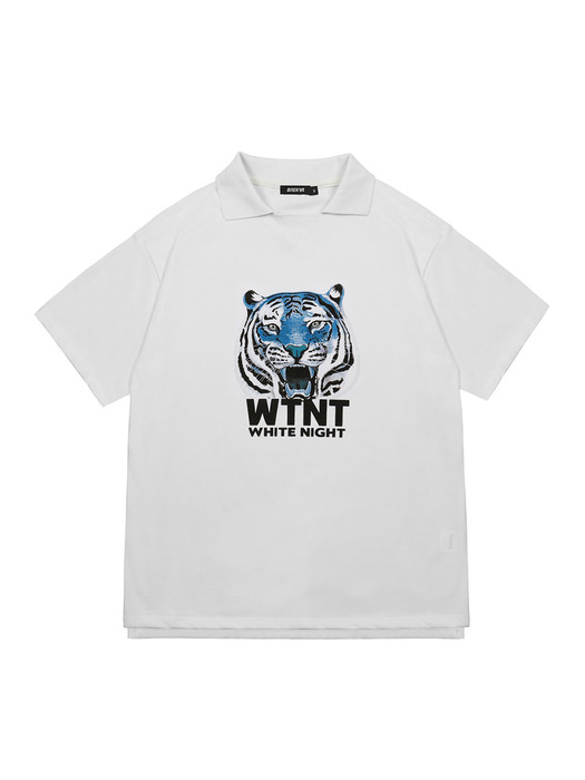 BLUE TIGER PRINT COLLAR T-SHIRT_WHITE