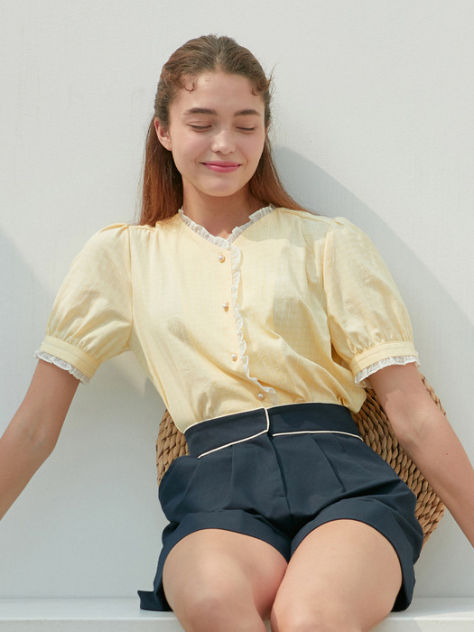 AMR1079 Striped lace line blouse (yellow)