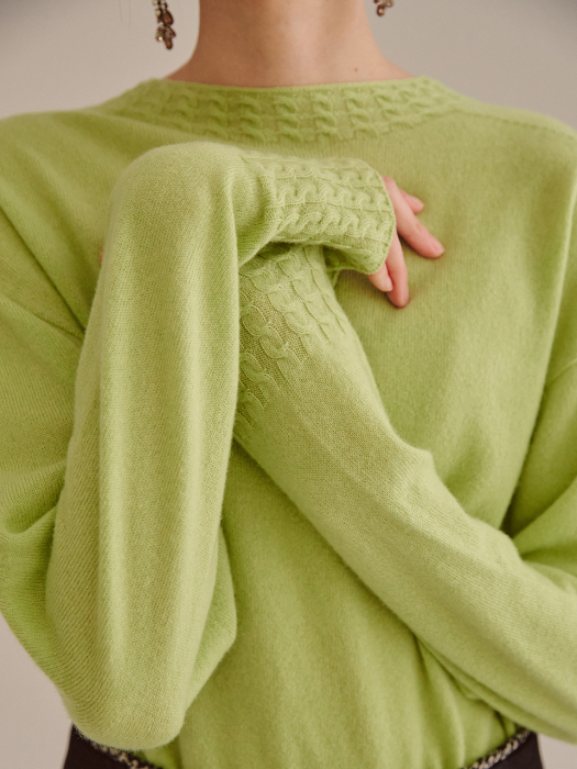 LIME WHOLEGARMENT PURE CASHMERE CABLE DETAIL KNIT TOP
