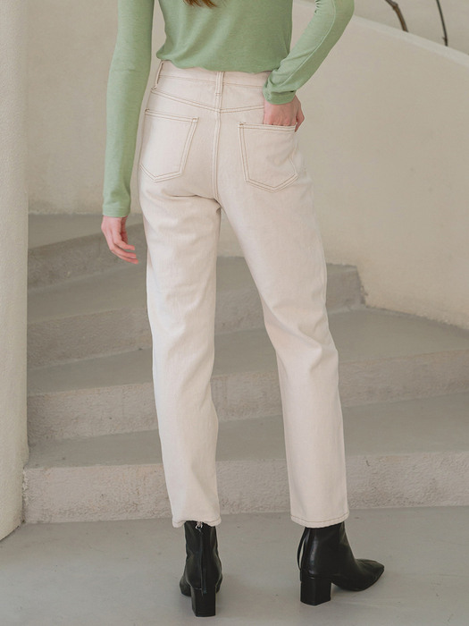 Contrast Stitch Fleece lined Cream Jeans