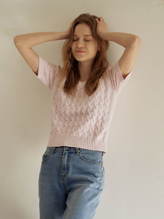 Short Sleeved Cable Knit_Baby Pink