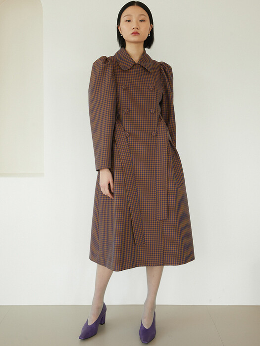 PUFF SHOULDER TRENCH COAT - PURPLE CHECK