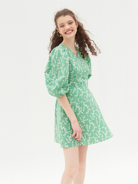 PUFF SLEEVES V NECK ONEPIECE_LIGHT GREEN