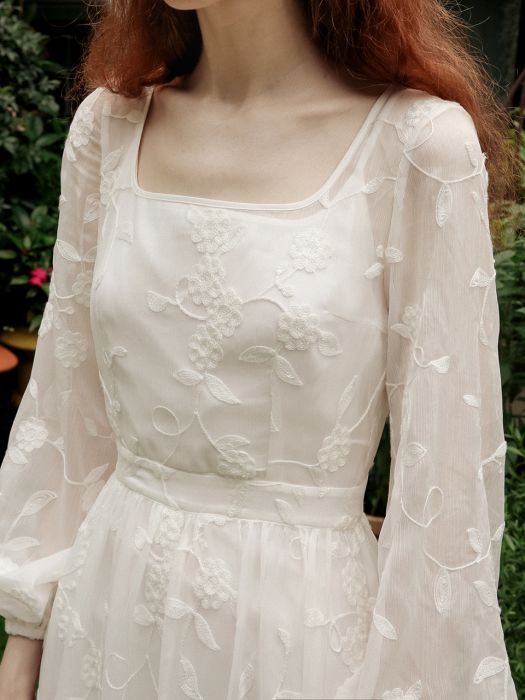 White floral crepe square neck dress