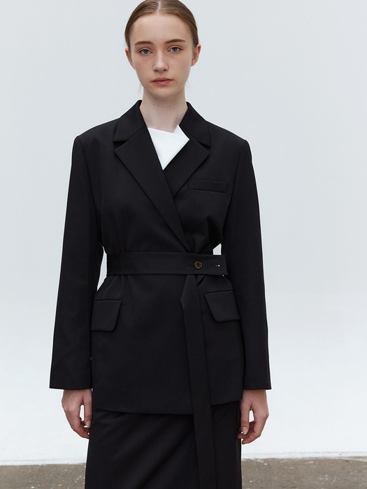 TOF WOOL BELTED BUTTON BLAZER BLACK