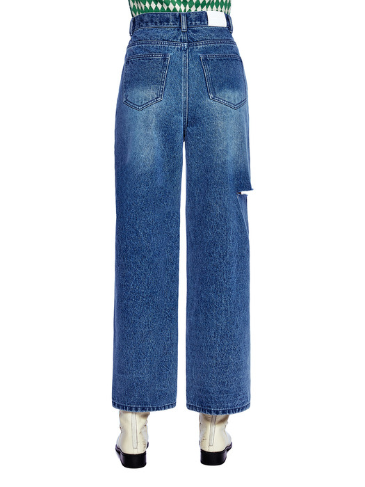 CROSS OVER LOOSE FIT DENIM PANTS [BLUE]