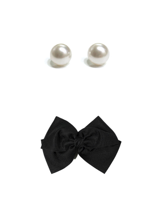[SET] half swa pearl earring & classy black ribbon pin