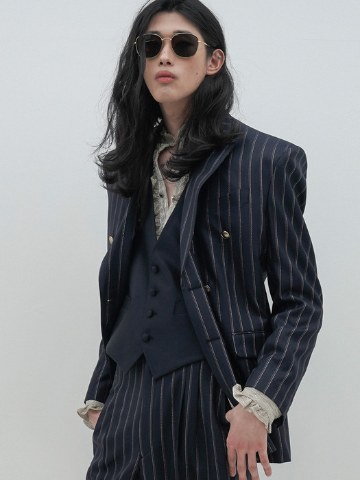 Pinstriped Wool-Silk Double-Breasted Blazer(UNISEX)_UTH-SB22 