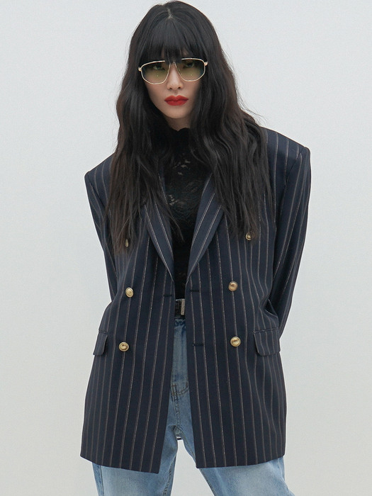 Pinstriped Wool-Silk Double-Breasted Blazer(UNISEX)_UTH-SB22 