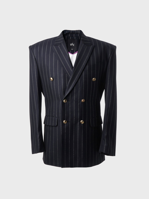 Pinstriped Wool-Silk Double-Breasted Blazer(UNISEX)_UTH-SB22 