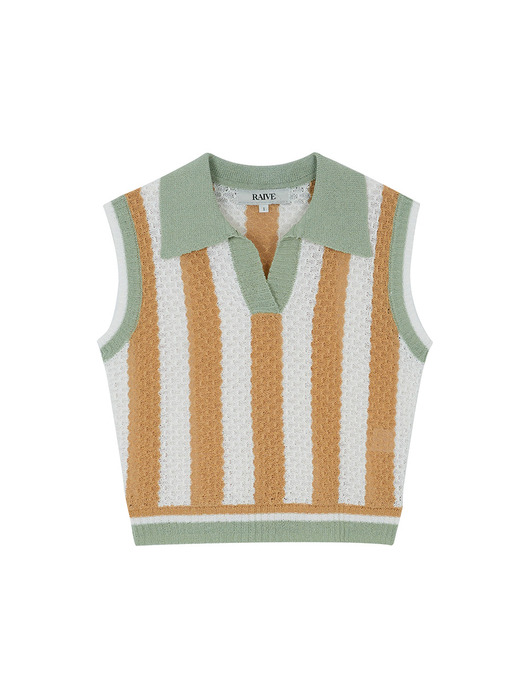 Open-collar Stripe Knit Vest in Beige VK2SV130-91