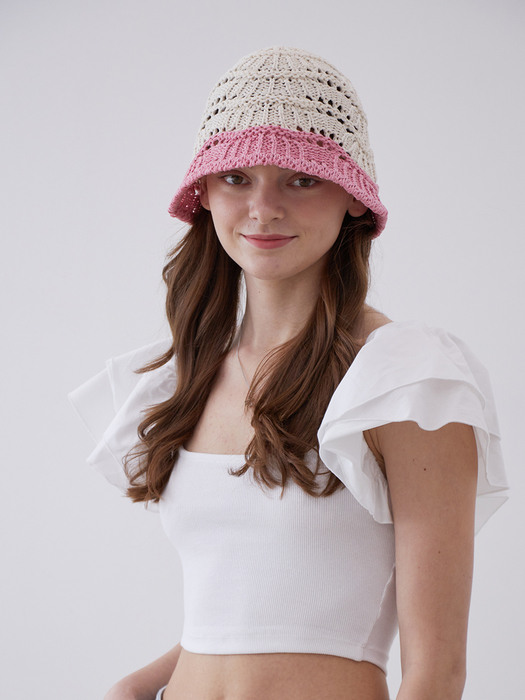 [단독] Shell Paper Knit Bucket Hat (Ivory & Pink)