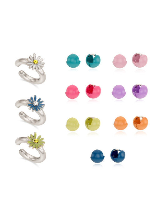 [SET] Vivid One-touch Color Ball Earrings_7Color+Petit Daisy Earcuff_3Color