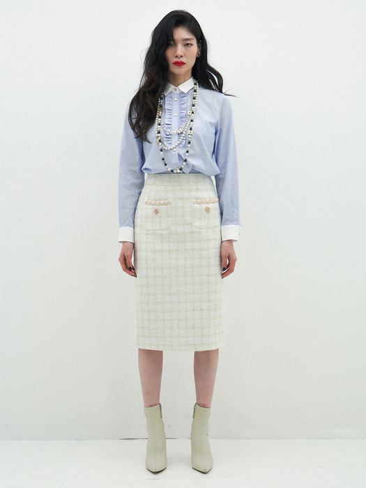 Metallic-Button Boucle Pencle Skirt(White)_UWS-FS17