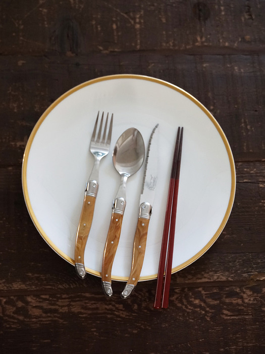 [선물포장] 장네론 라귀올 테이블양식기 마블 브라운 & 샌들 젓가락 2인 세트