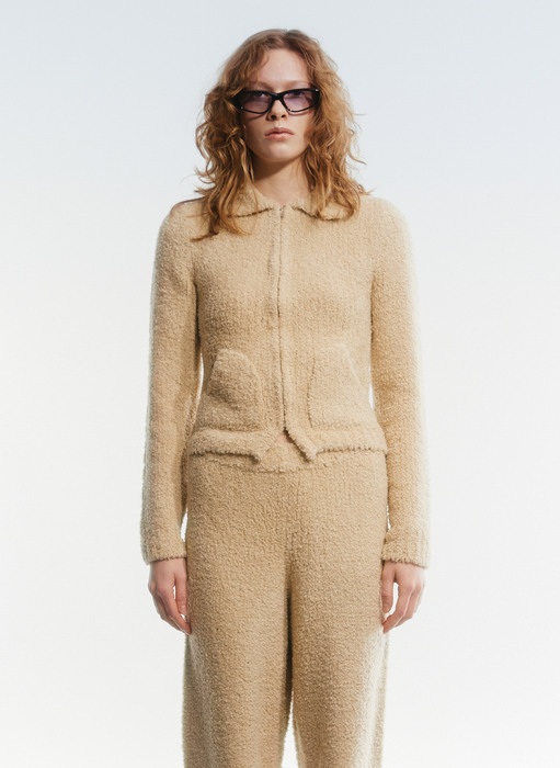 WOOLLY KNIT ZIP UP JACKET, BEIGE