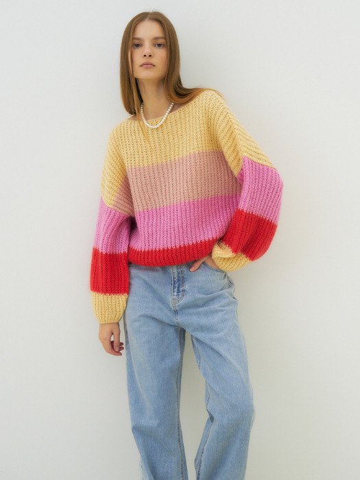Mohair color block sweater (red)