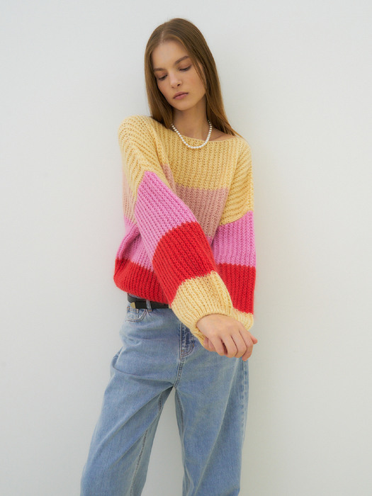 Mohair color block sweater (red)