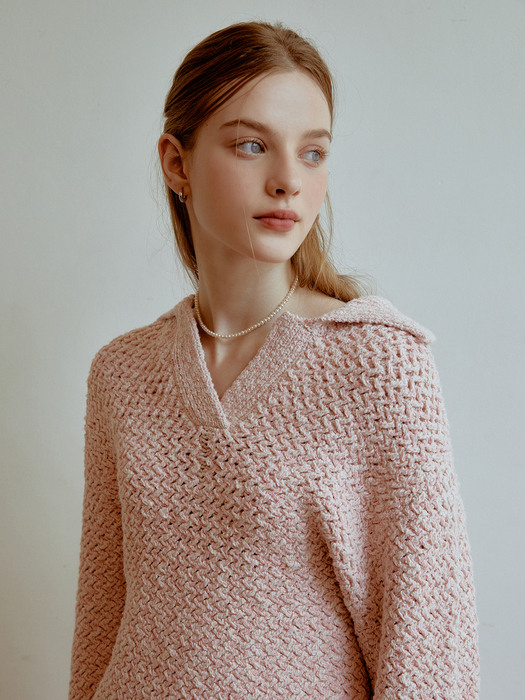Curved collar mix knit (pink)