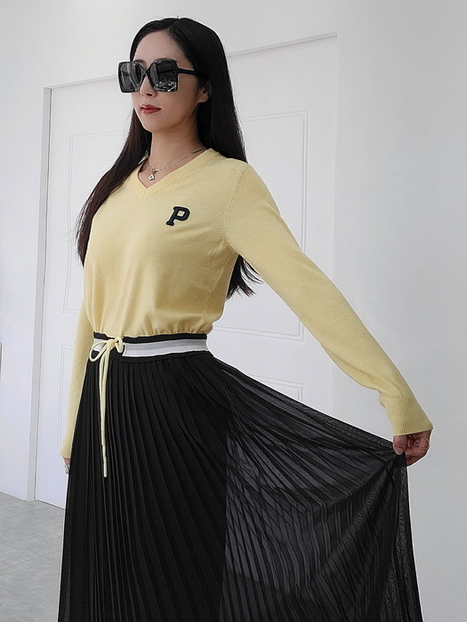 실버펄 벨티드 플리츠원피스- 레몬  Lemon yellow  pleats dress