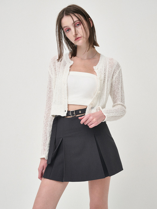 Belted Pleats Mini Skirt, Charcoal