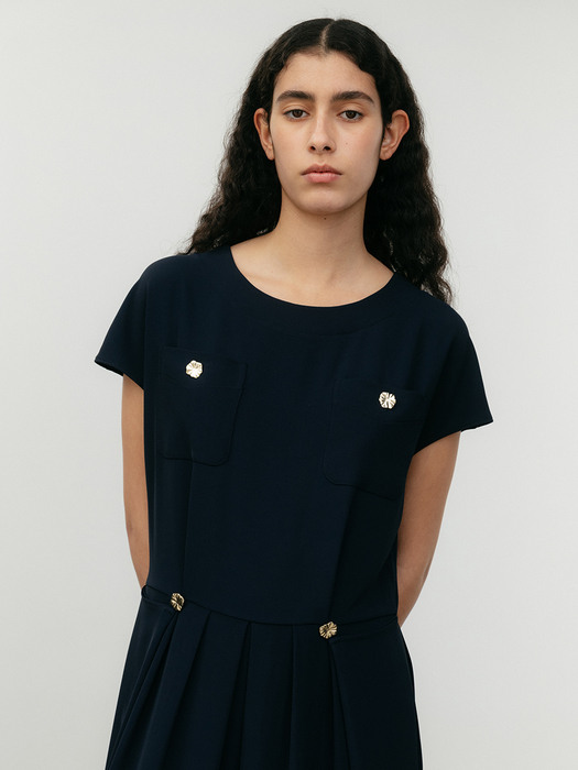 Button Pleated Dress-navy