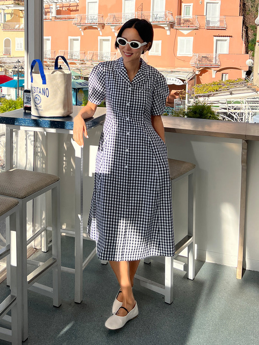 LATINA Notched collar A-line long one piece (Navy gingham check)