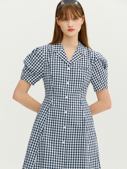 LATINA Notched collar A-line long one piece (Navy gingham check)