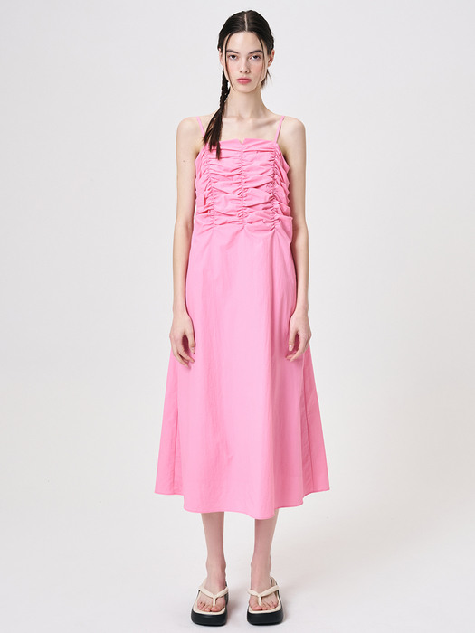 Slip Heart Neck Shirring Dress, Pink