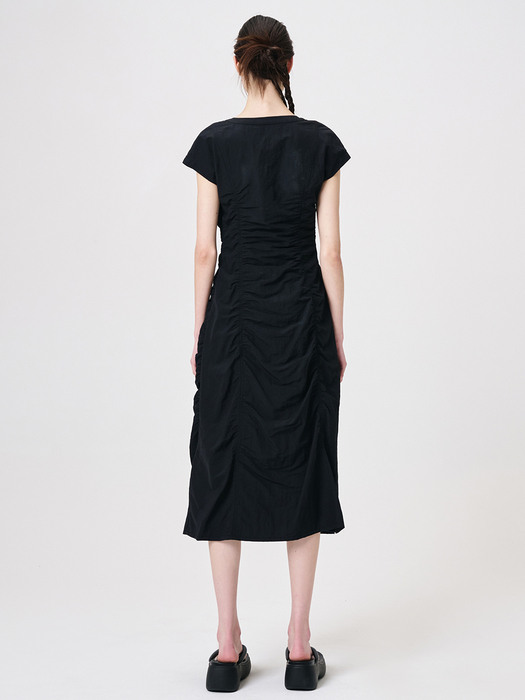 Snap Detail Shirring Dress, Black