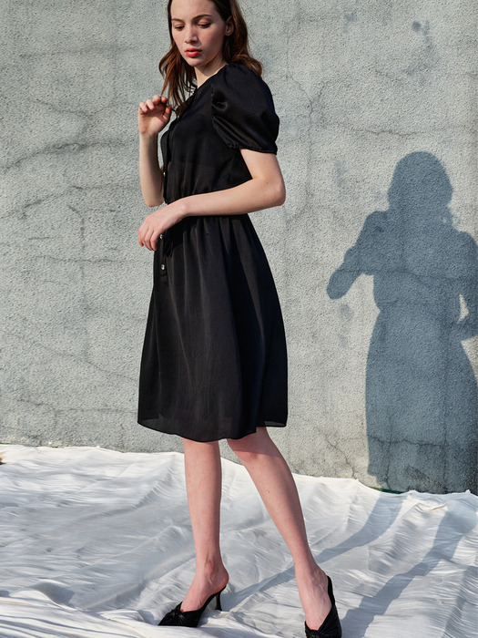 Jacqueline Puff Sleeve Satin Dress_Black