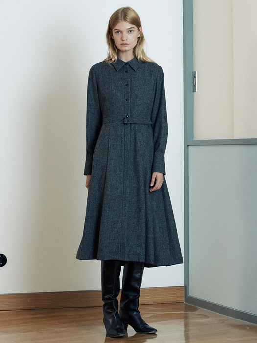 [Day-Wool] Wool-blend Belted Shirt Dress