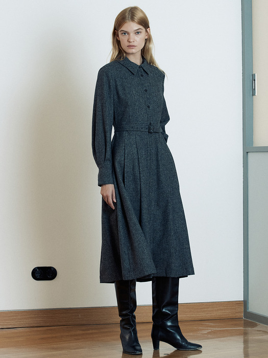 [Day-Wool] Wool-blend Belted Shirt Dress