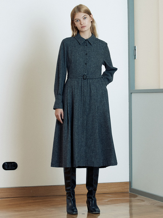 [Day-Wool] Wool-blend Belted Shirt Dress