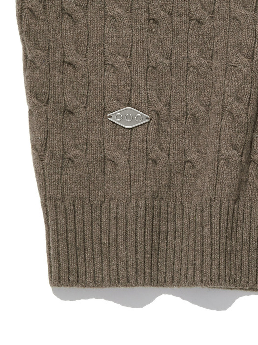 Cable V-neck Wool Sweater_Light Brown