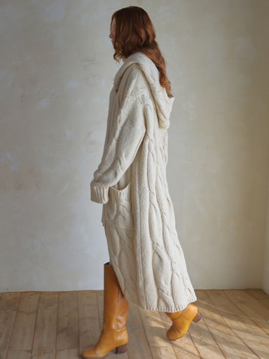 Tweed knit long hooded cardigan