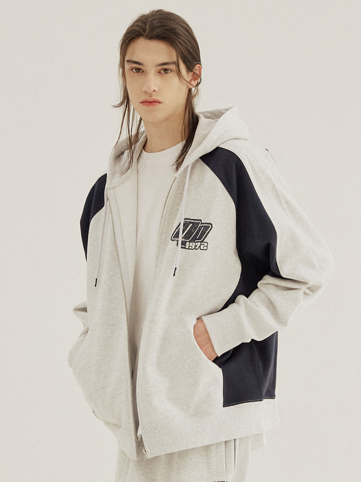 OCEAN Y2K RAGLAN SLEEVE SWEAT FULL ZIP HOODIE [LIGHT GRAY]