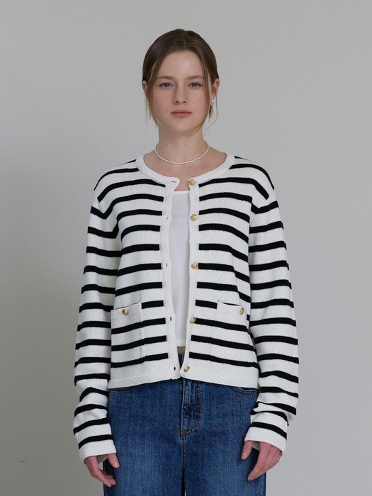 COTTON STRIPE CARDIGAN [IVORY]