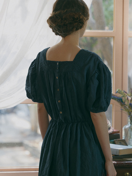 Odette shirring dress - turquoise navy 오데트 셔링 드레스