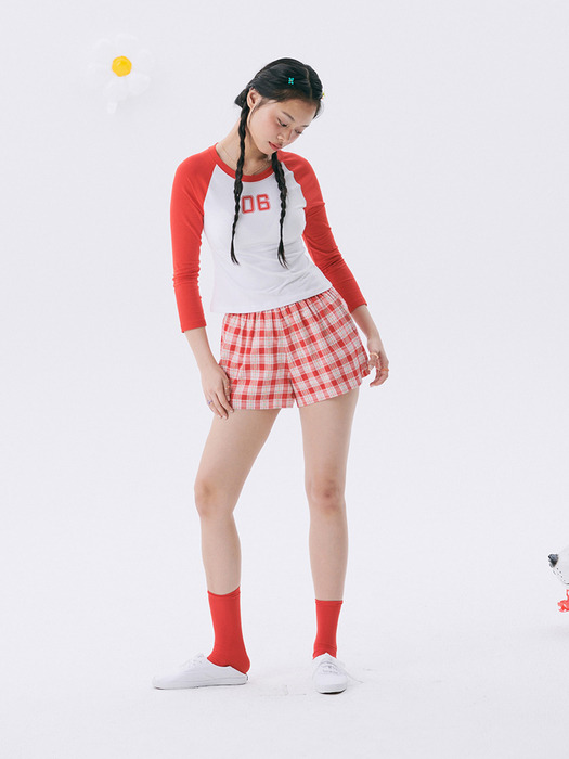 Floral Check Banding Shorts_Red