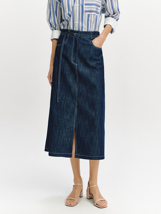 Belted Slit Semi A-line Skirt BLUE