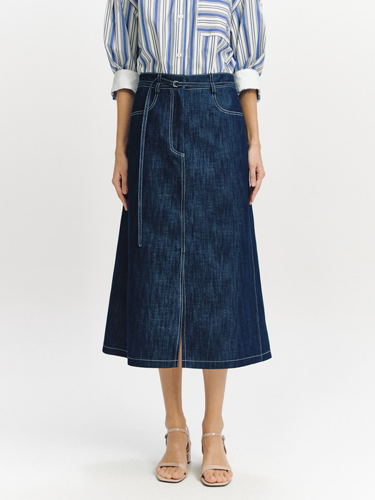 Belted Slit Semi A-line Skirt BLUE