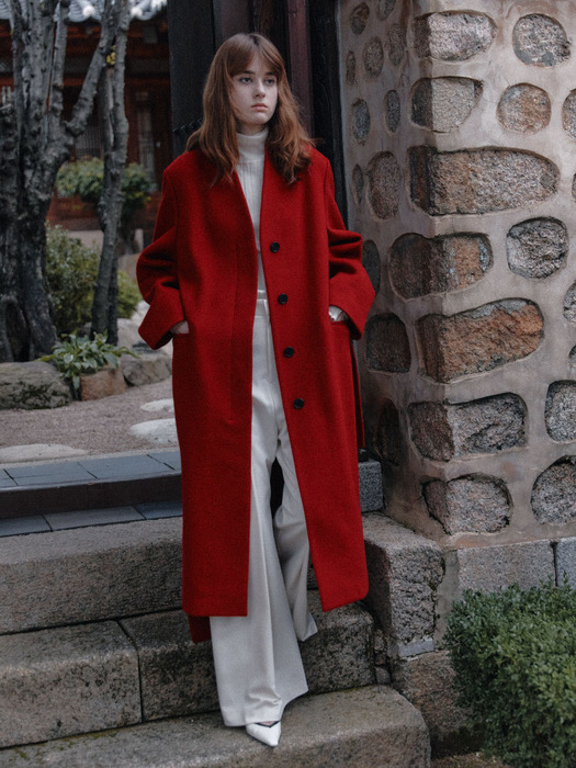 [리퍼브]LE MONDE Cashmere Virgin Wool Collarless Coat_Red