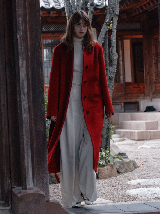 [리퍼브]LE MONDE Cashmere Virgin Wool Collarless Coat_Red