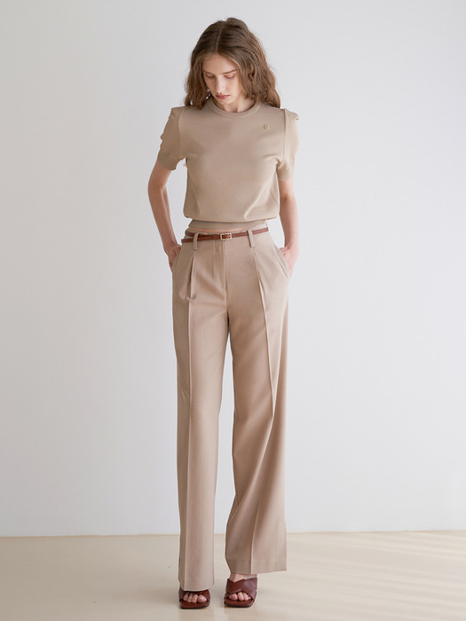 Wide One-Button Slit Pants (BEIGE)