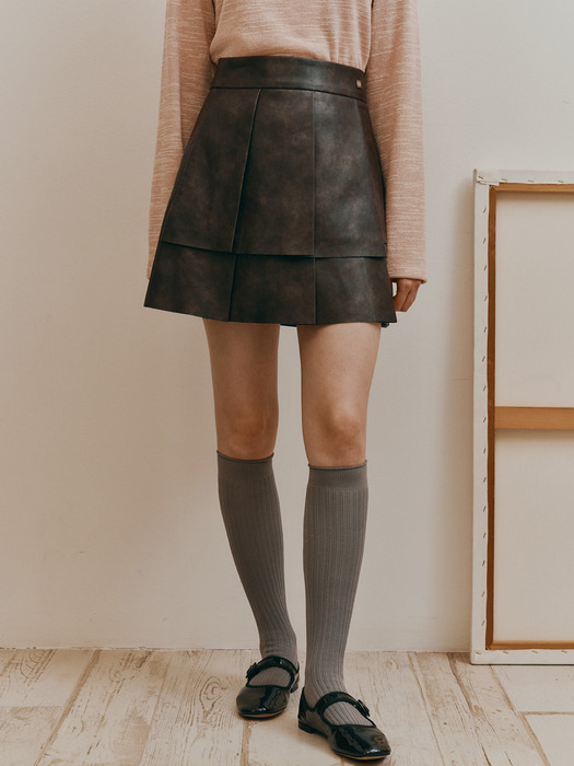 LEATHER PLEATED SKIRT_BROWN